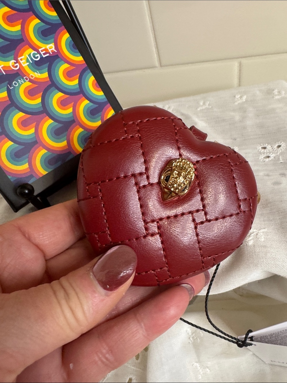 Kurt Geiger Red QuiltedLeather Heart Bag Charm with Dual sided Mirror NIB - Picture 6 of 7